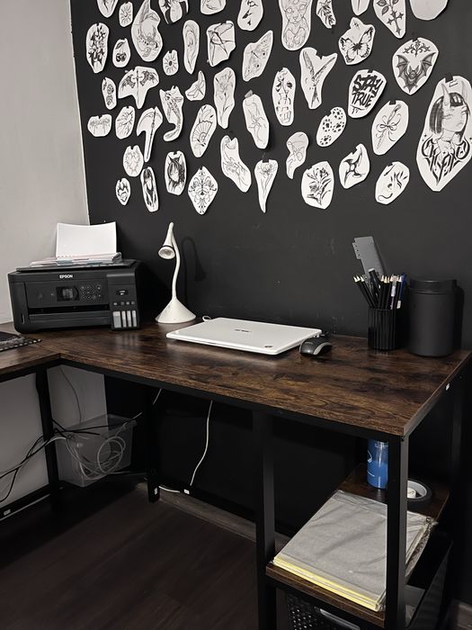 Biurko narożne duże metalowe/ drewniane czarno-brązowe.