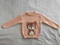 Różowy łososiowy puchaty sweter C&A 122 z falbanką lisek cekiny j nowy