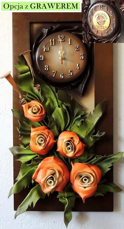 Oryginalny zegar w obrazie z różami w kolorze orange + GRAWER