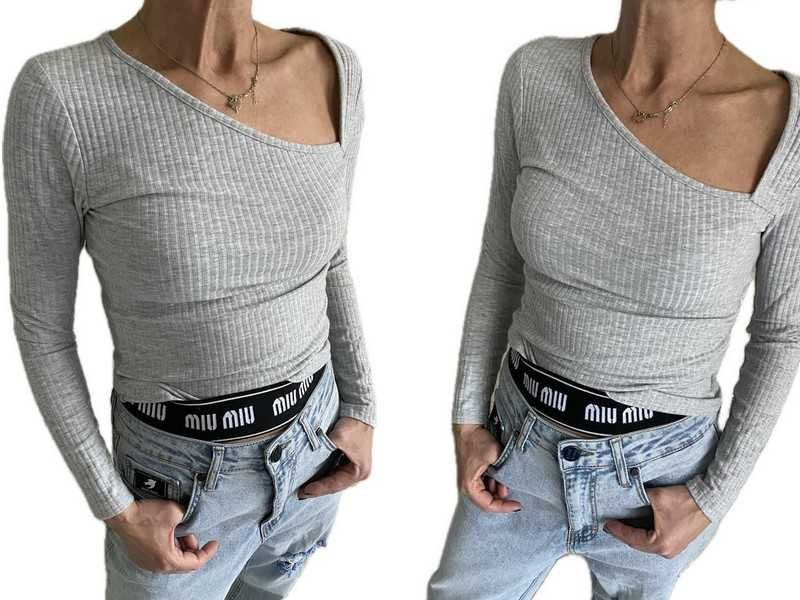 Only nowa bluzka szara prążek ozdobny dekolt S-M