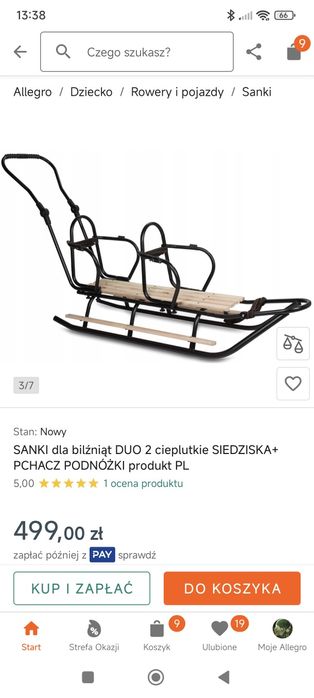 Sanki dwuosobowe, dla bliźniąt, z pchaczem