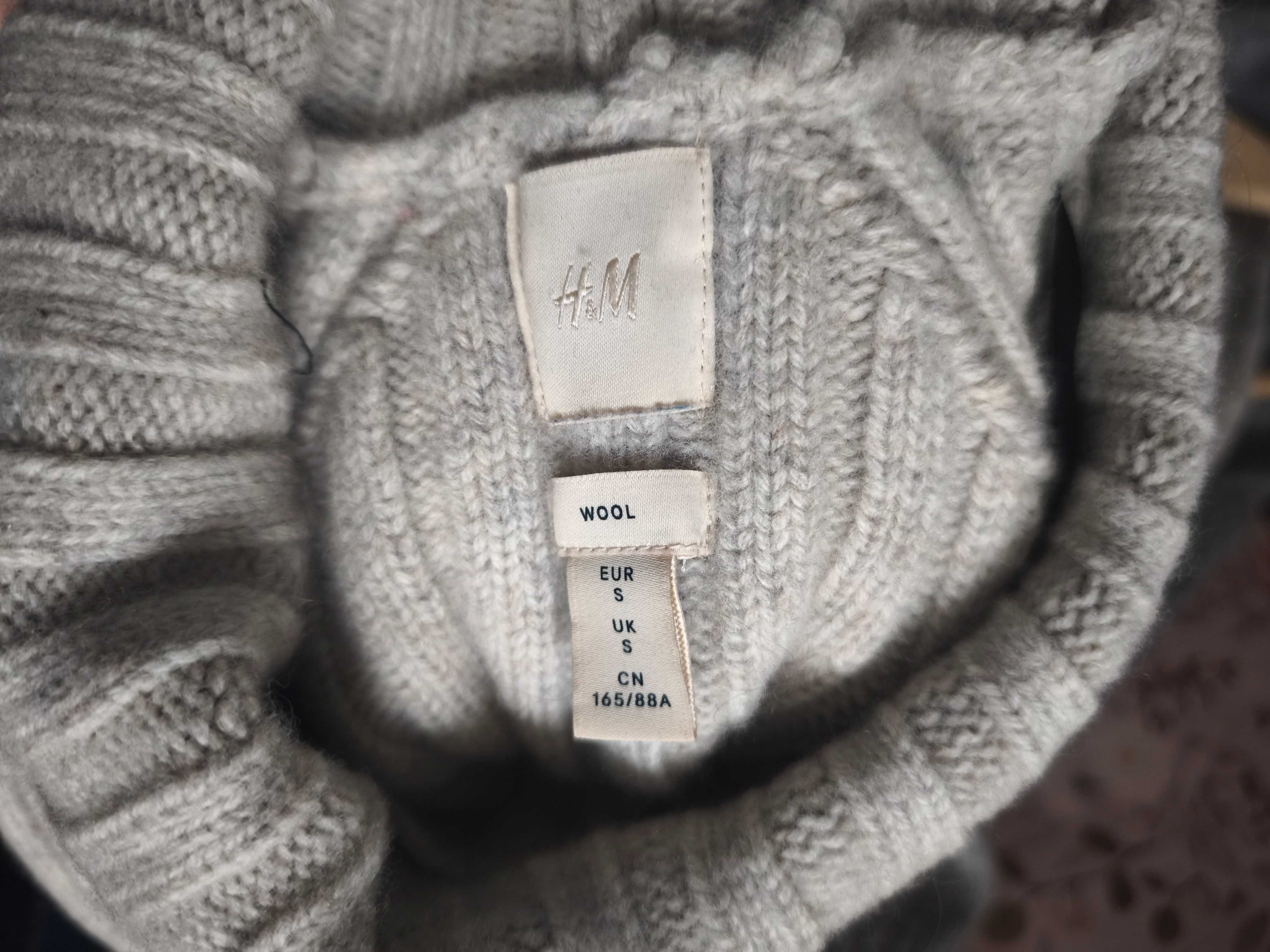 Gruby wełniany beżowy piaskowy sweter golf H&M Premium S 100% wełna