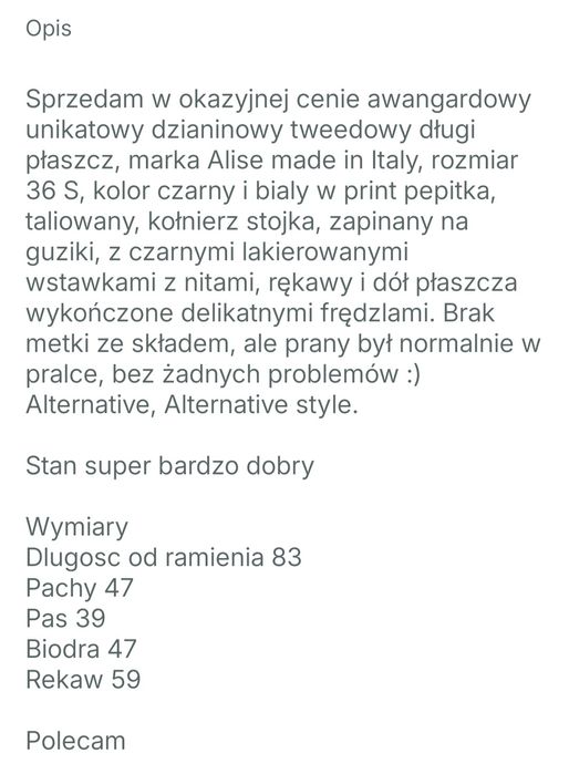Avant Garde Alternative czarny biały płaszcz w pepitke tweedowy 36 S