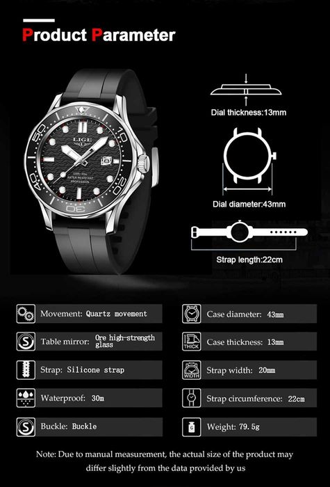 Zegarek męski Lige czarna tarcza wygląd nurka na pasku silikonowym BOX