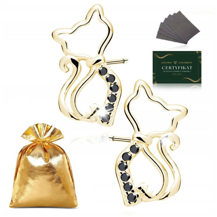 Piękne Pozłacane Kolczyki Kotki Z Cyrkoniami 925 Srebrne Prezent Dla N