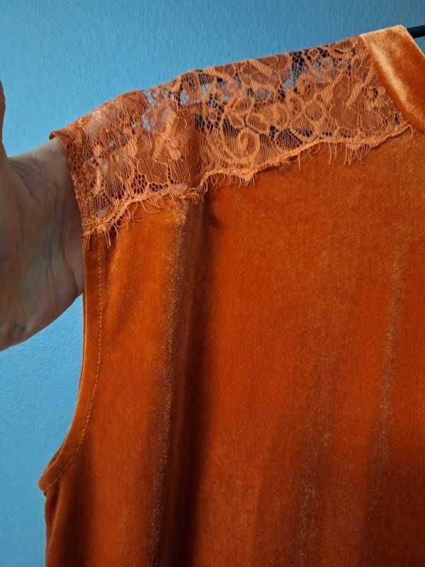 Pomarańczowa bluzka welurowa z koronką błyszcząca 42 14 XL