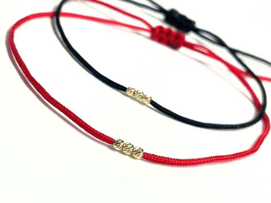 Bransoletka szczęście czerwona sznurek kulki złoto 585