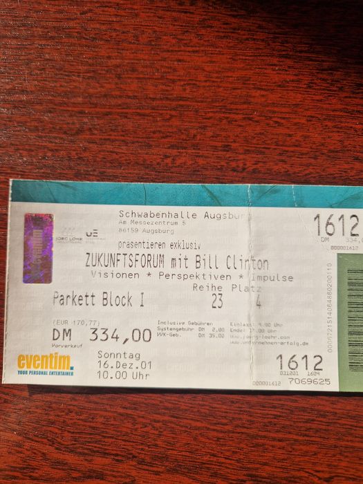 Bilet kolekcjonerski Zukunftsforum z Billem Clintonem 2001 rok