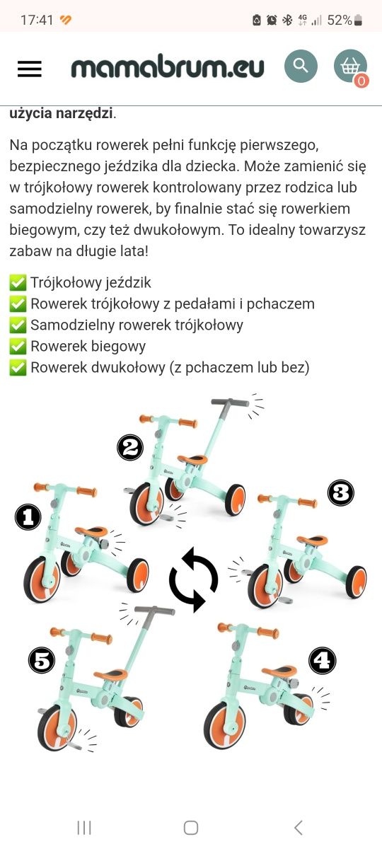 Dzięcięcy rowerek trójkołowy, biegowy, jeździk