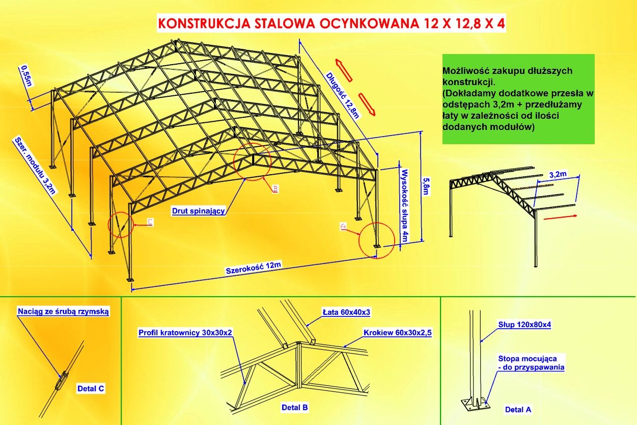 Konstrukcja stalowa 12m x12.8 ocynkowana modułowa