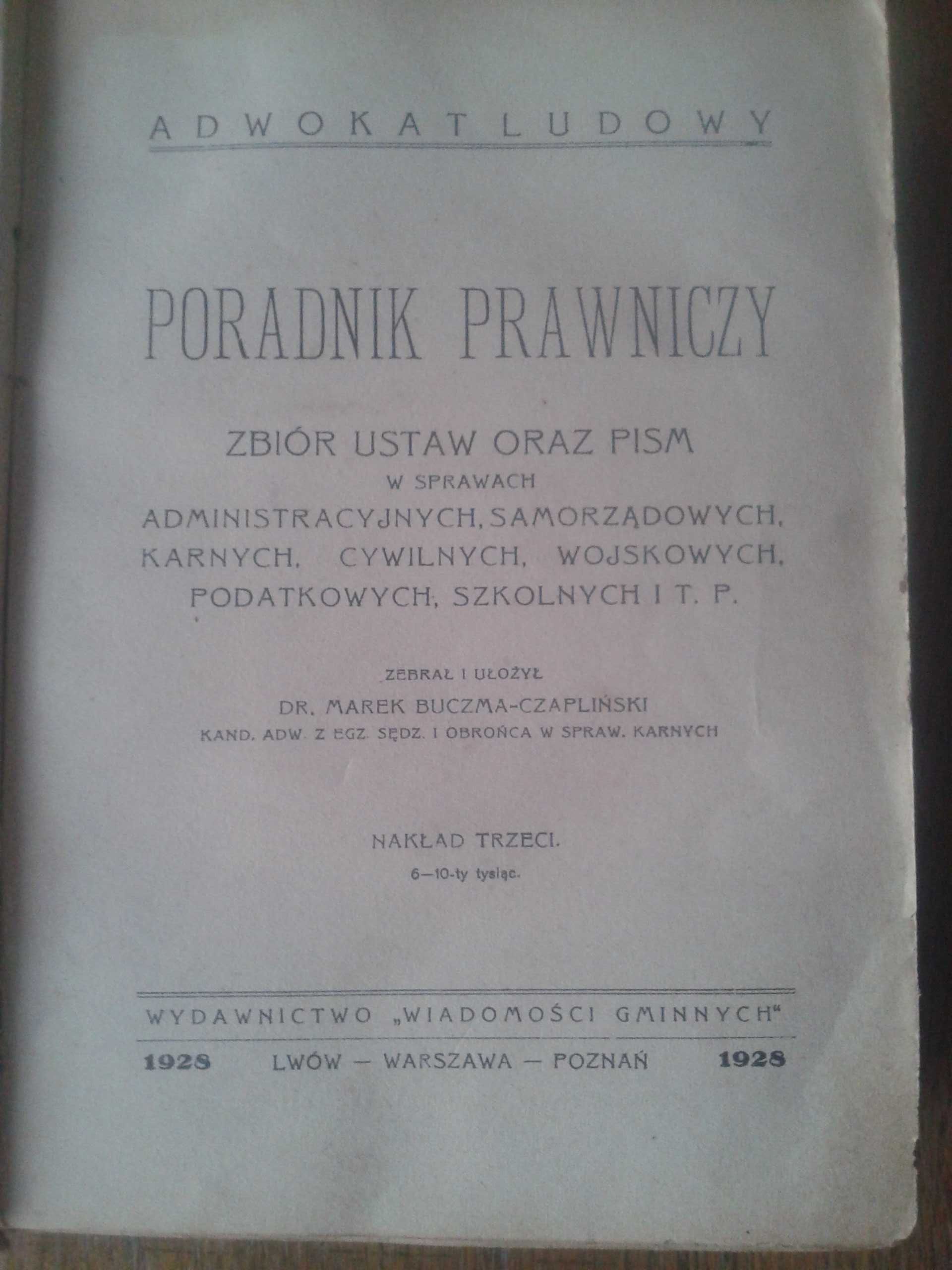 Książka Poradnik prawniczy 1928 Dr.Marek Buczma-Czapliński