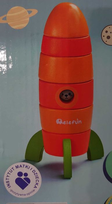 NOWA, ciekawa wieża,  drewniana montessori układanka kosmos rakieta