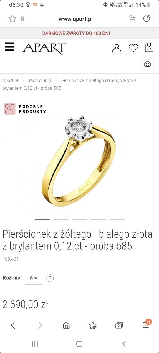 Pierścionek złoty Apart z brylantem 0,12 ct, metka, paragon