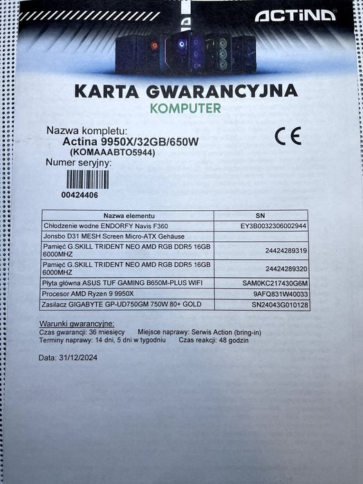 Komputer AMD Ryzen 9 9950X 32GB 2TB NVME F360 Asus B650M GTX 1060