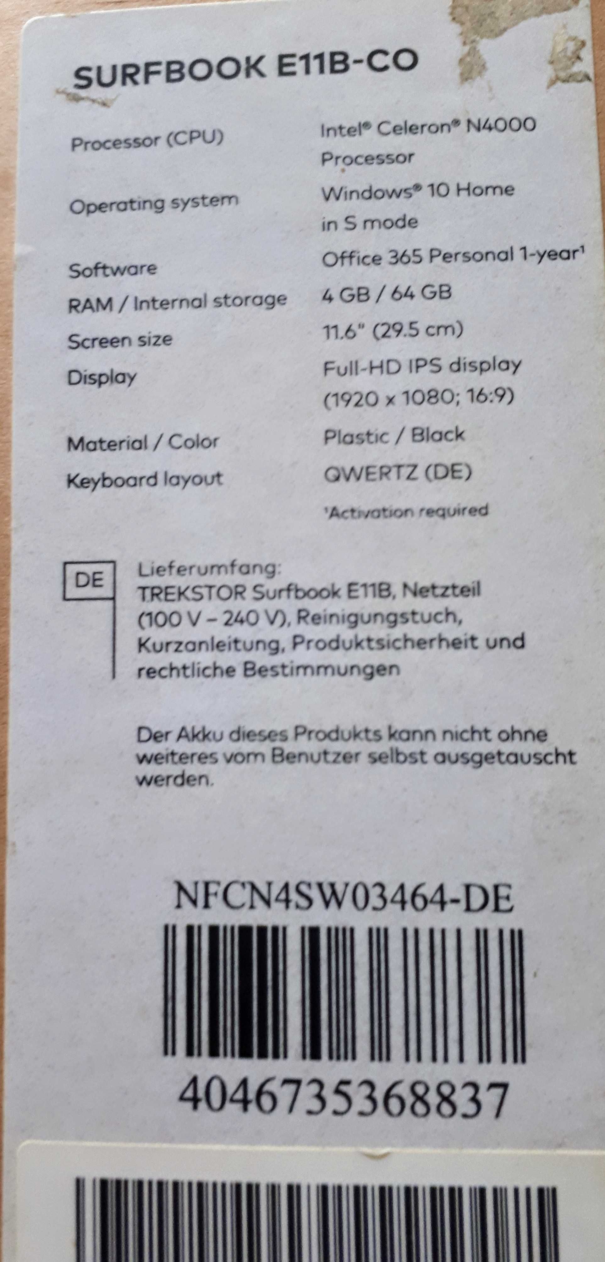 Laptop Trekstor 11.6" 4Gb/64Gb Windows 10 czarmy