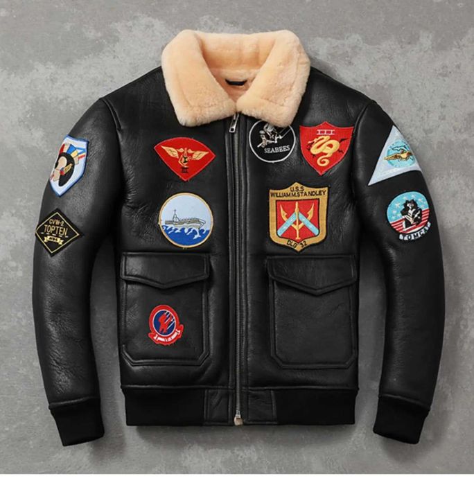 Nowa męska kurtka skórzana Top Gun w kolorze czarnym kożuch