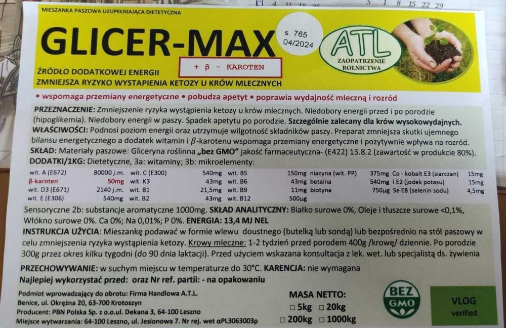 Gliceryna, energia dla krów. 13,4MJ GlicerMax 200kg