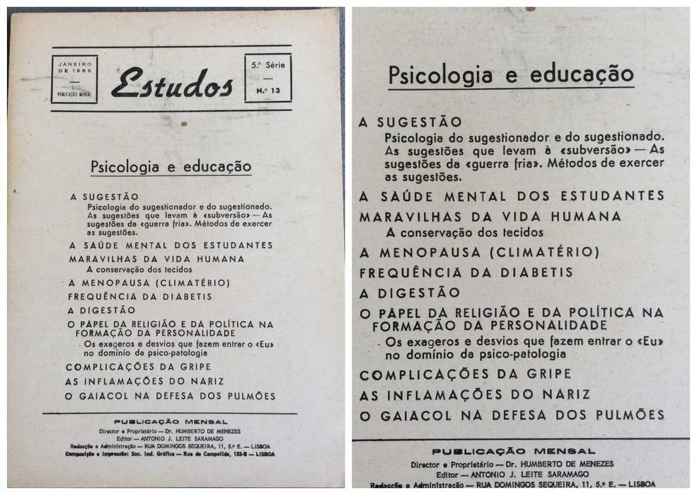 Estudos: Psicologia e educação - 7  Exemplares. Anos 60. Ver sumário