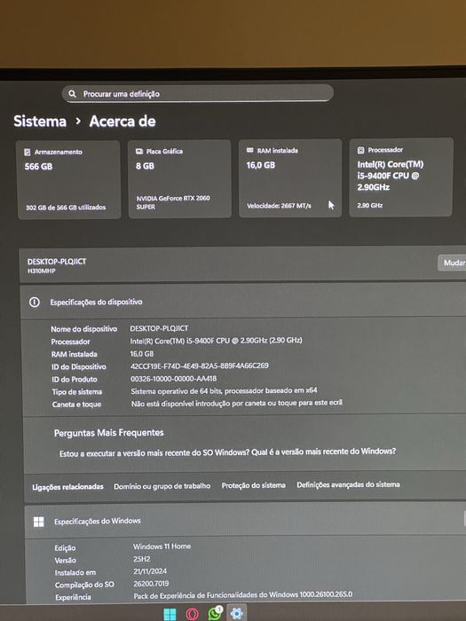 Setup Gaming i5-9500/RTX2060Super/16GB+Monitor144hz+Teclado+Rato Razer