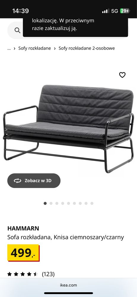 Rozkładana szara sofa hammarn ikea 130cm