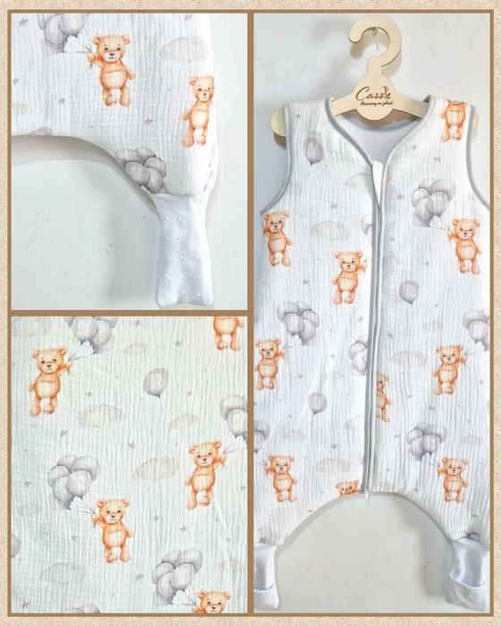 MUŚLIN Śpiworek z nogawkami wywijane skarpety 1,5 tog Miś z balonami