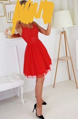 Sukienka krótka BICOTONE tiulowy dół na ramiączka czerwona (model 2186