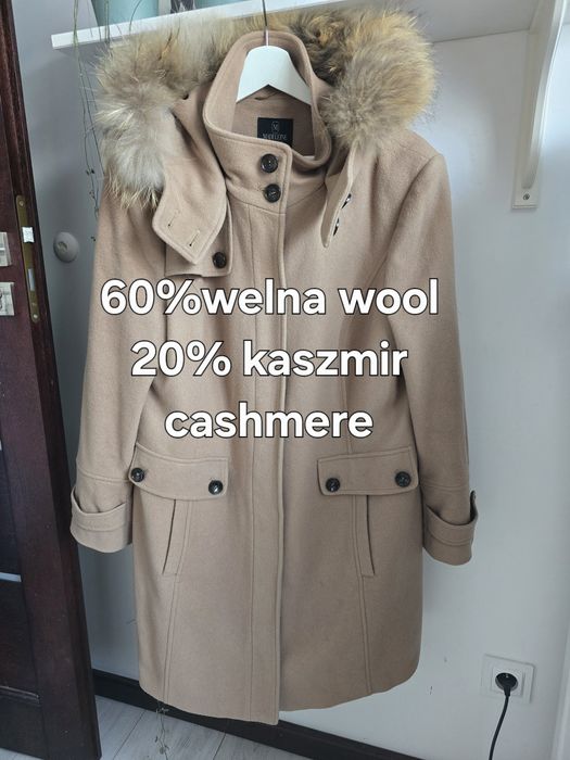 Plaszcz klasyczny wełniany beżowy karmelowy XL XXL 44 42 kaszmir wełna
