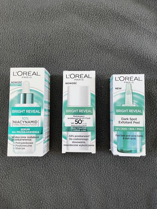 Loreal Bright Reveal serum niacynamid fluid spf 50 peeling kwasowy