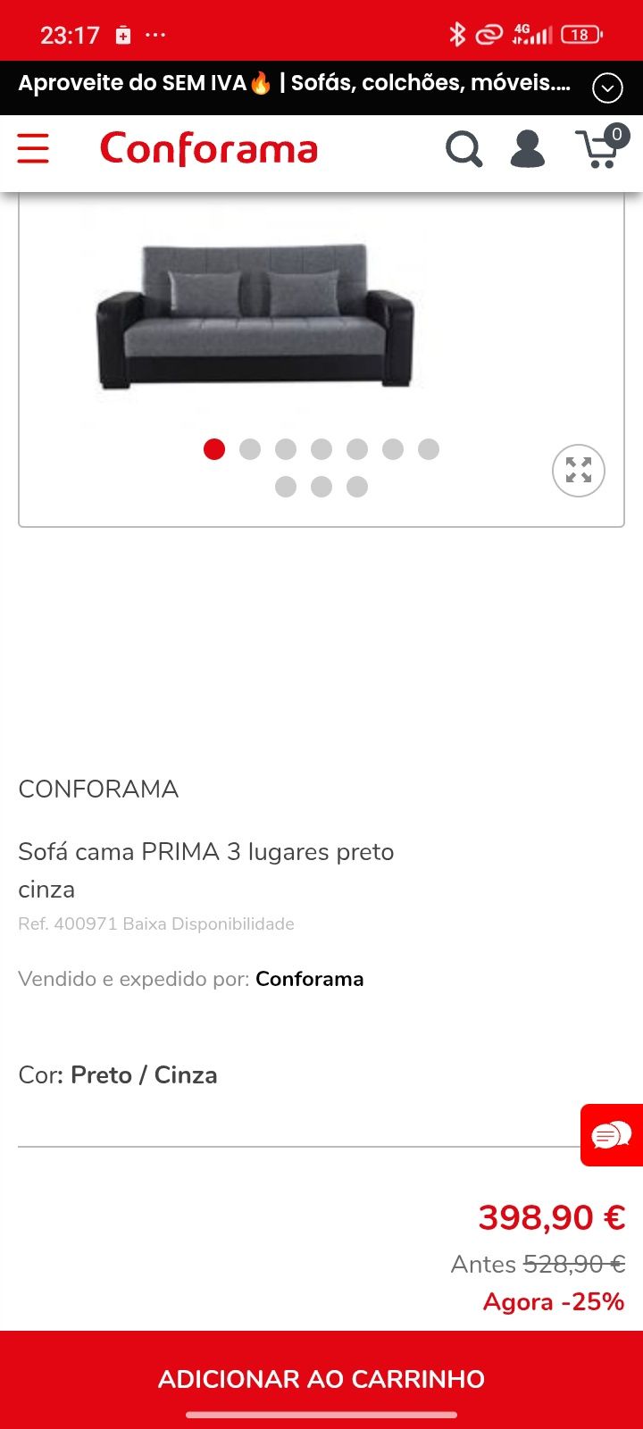 Sofá cama prima 3 lugares preto cinza