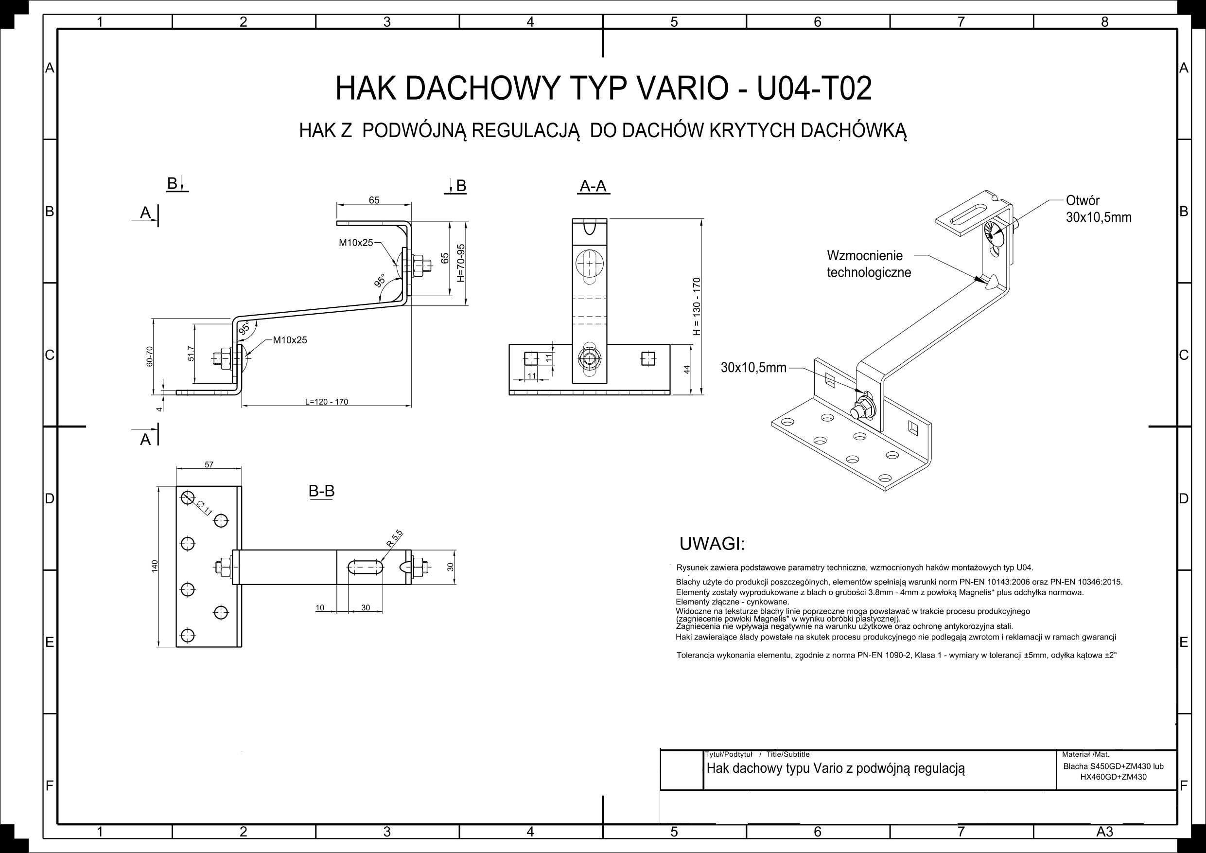 Hak 150 z podwójną regulacją dachowy typ VARIO