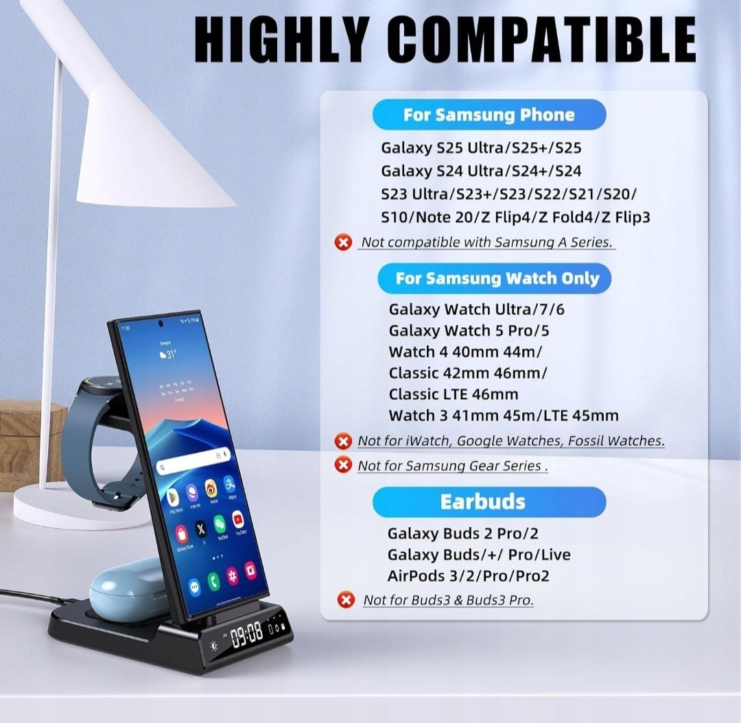 Bezprzewodowa ładowarka 3w1 Samsung z zegarem -Galaxy S24 Ultra/Z Flip