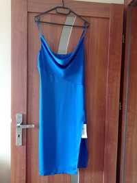 D&M niebieska satynowa sukienka na wesele midi L 40