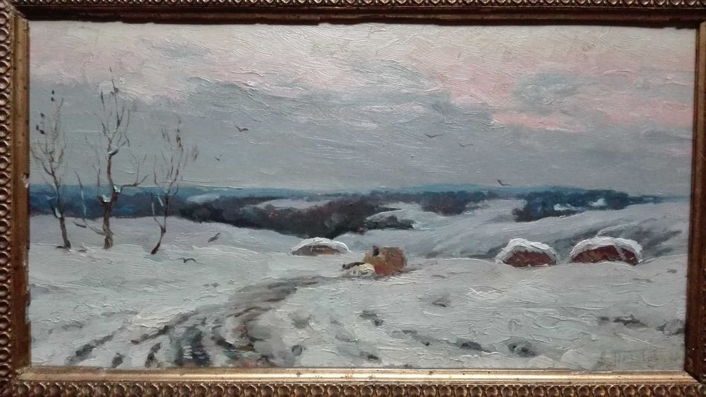 В.Пузырьков (нар.худ. СССР) Пейзаж Зима. Повозка с сеном.Снопы
