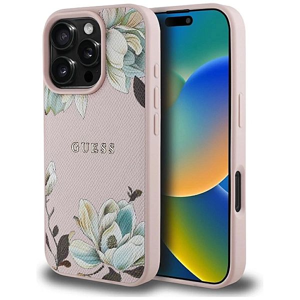Etui Guess Grained Printed Flower Pattern MagSafe do iPhone 16 Pro Max