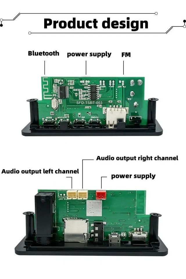 Bluetooth декодер+усилитель 2*3 W. Мр-3 , микрофон, aux, громкая связь