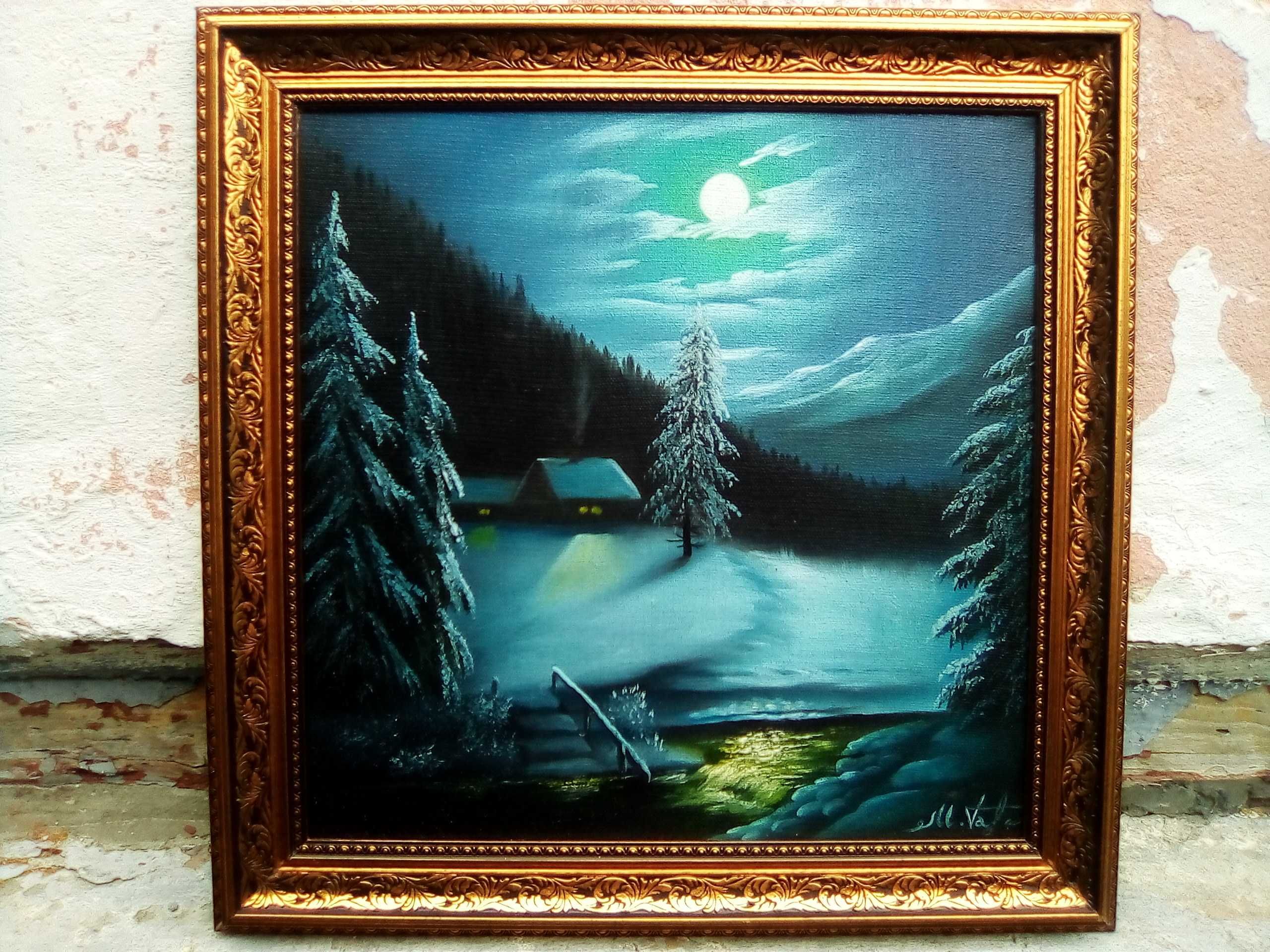 Картина "Карпати" зима ніч олія маслом живопис розмір 38х38