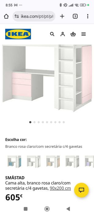 Cama SMASTAD, com secretária, roupeiro,gavetas + colchão Dream zone