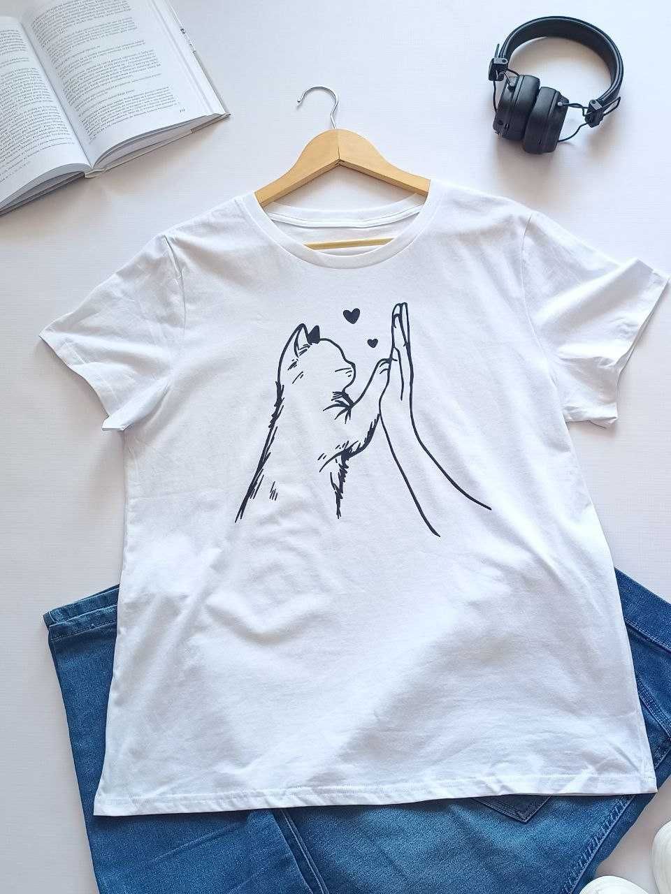 Nowa biała koszulka t-shirt z nadrukiem kota 100% bawełna damska 40 L