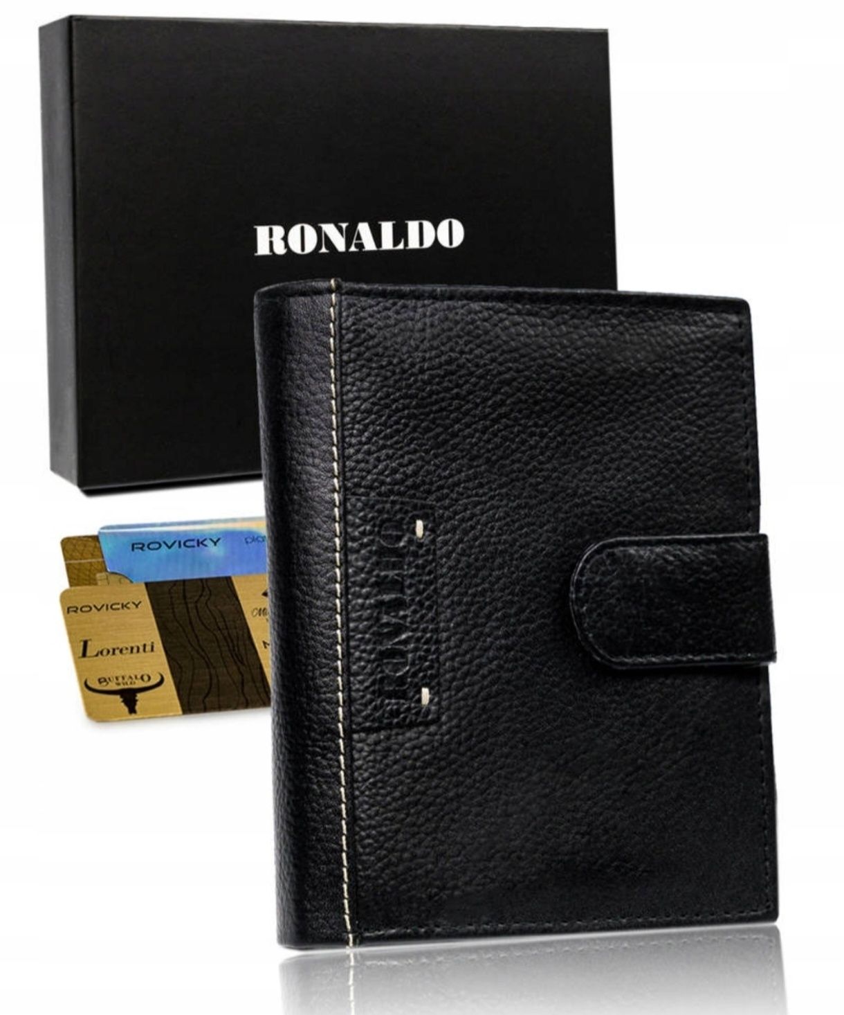 Skórzany portfel męski skóra czarny elegancki pojemny Rfid prezent
