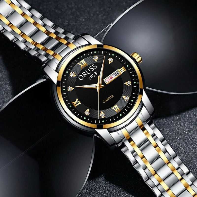 Męski zegarek kwarcowy klasyczny 41mm srebrno złoty datownik pudełko