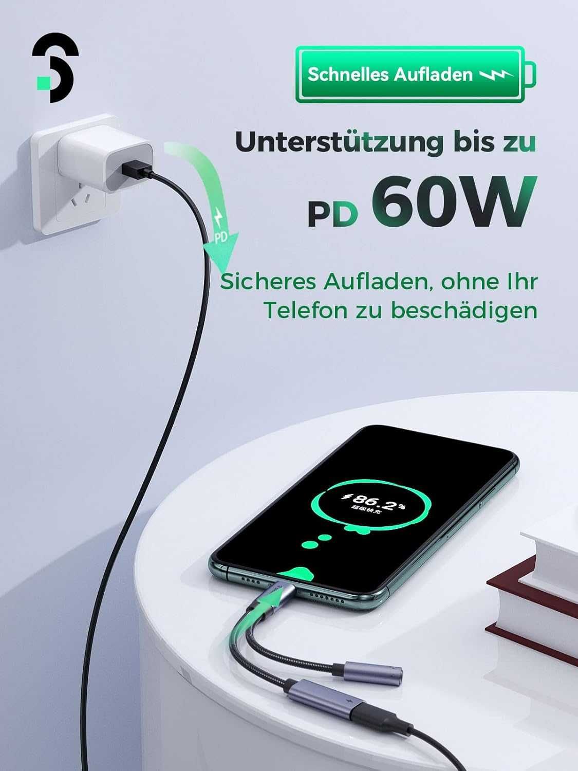 Adapter USB C Jack 3,5mm 2w1 Audio Ładowanie PD 60W DAC