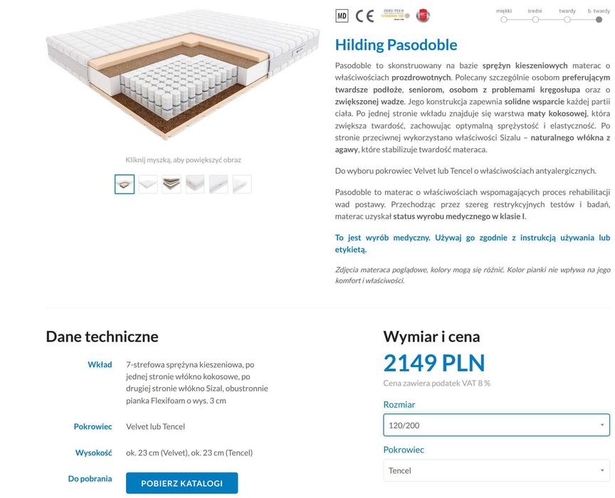 Materac Hilding Pasodoble 120x200 cm – używany 6 miesięcy, gwarancja