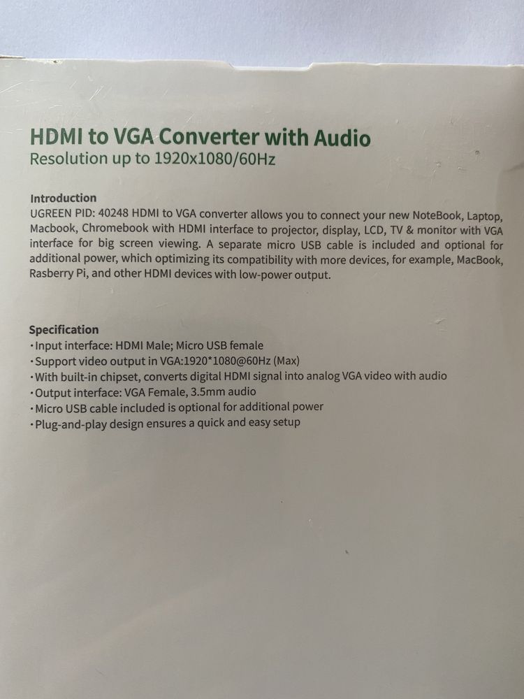 Конвертер Ugreen HDMI to VGA + micro usb и 3.5мм разъемы (MM103)
