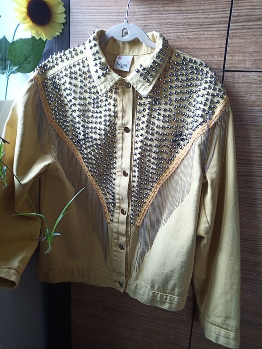 Kurtka ramoneska jeansowa ćwieki frędzle łańcuszki 42