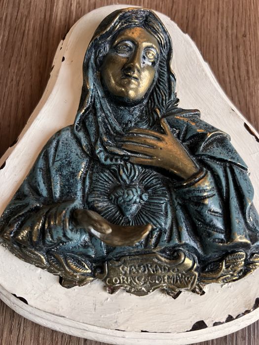 Antigo Sagrado Coraçao de Maria latão sólido.