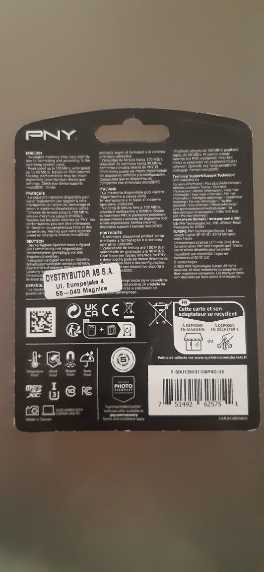 Karta pamięci PNY PRO Elite microSDXC o pojemności 128 GB.