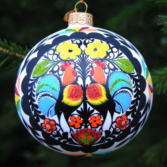 Bombka wycinanki łowickie 2 koguty - rękodzieło od Bombkarnia