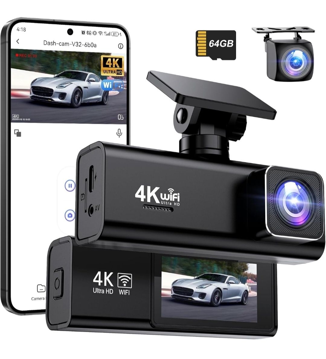 Topabol Kamera Samochodowa – Dashcam 4K + 1080P z Przodu i z Tyłu Nowa