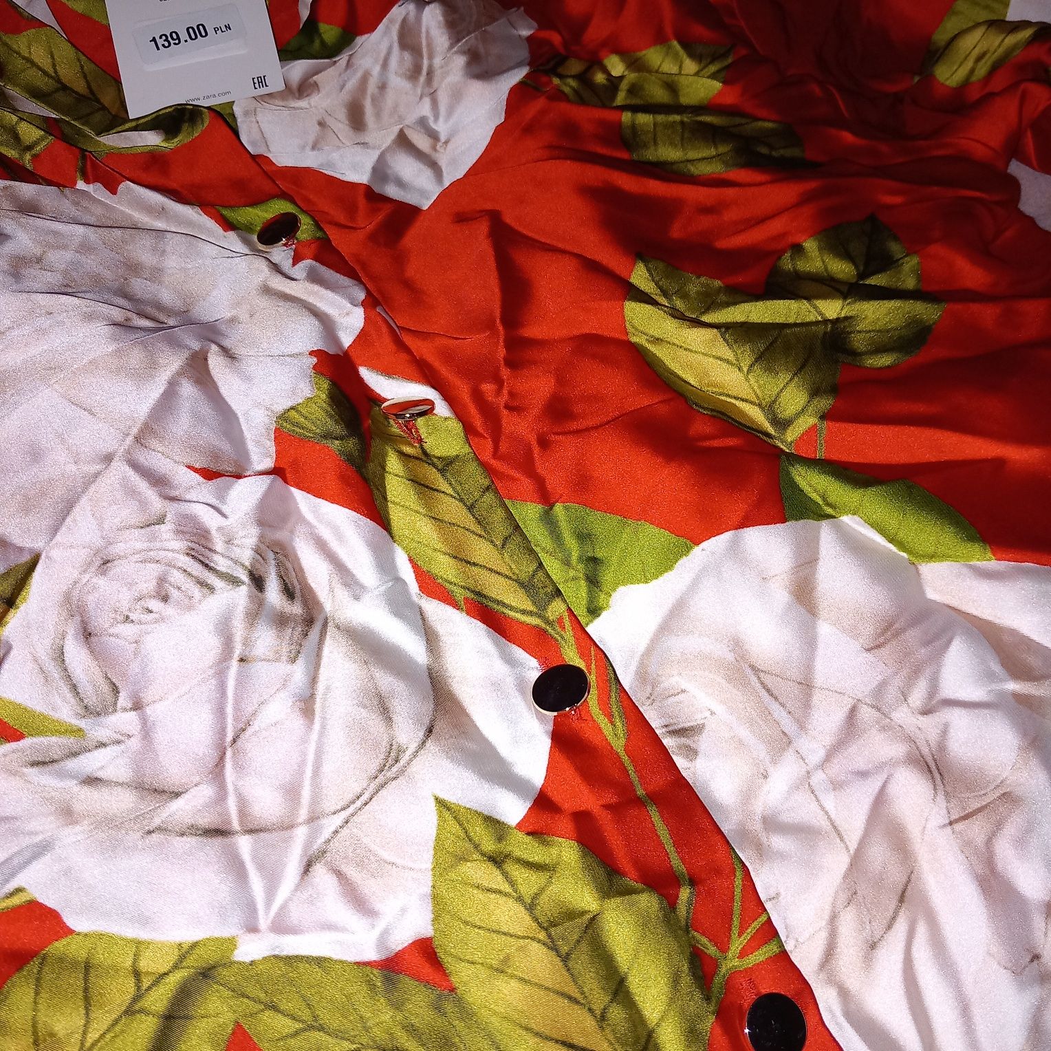 Nowa satynowa koszula oversize ZARA czerwona w kwiaty złote guziki S