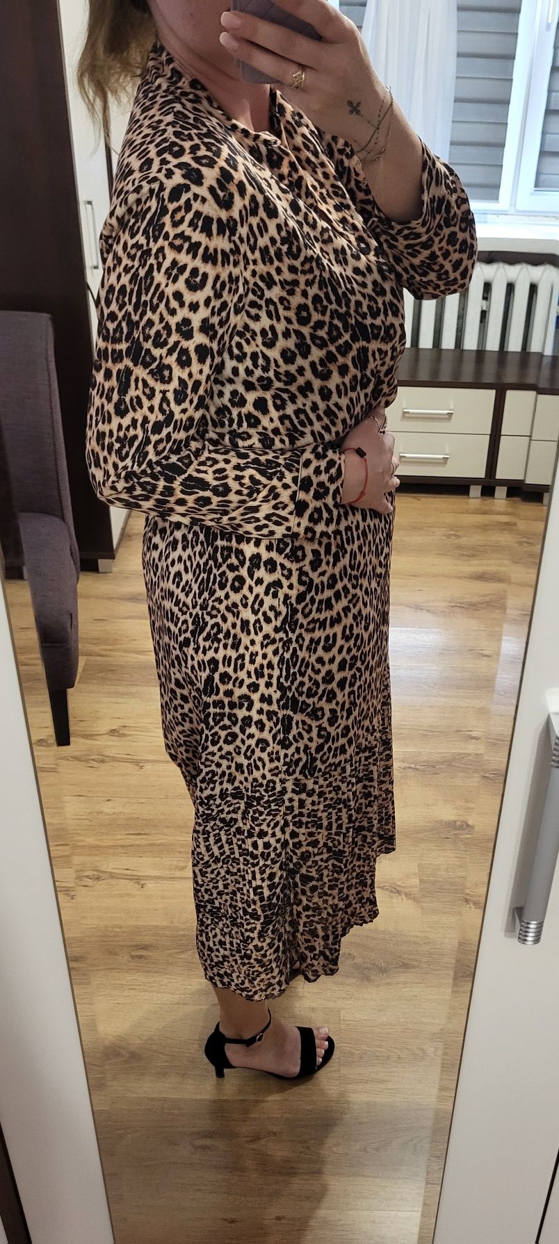 Sukienka w panterkę z plisowanym dołem, długi rękaw rozmiar L XL XXL